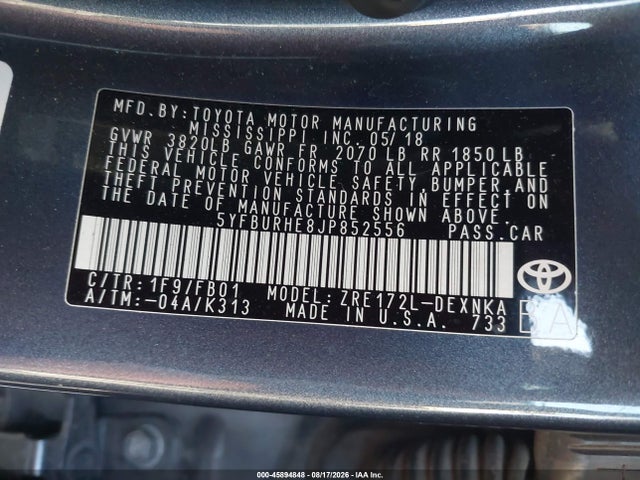 Продажа на аукционе авто 2018 Toyota Corolla Le, vin: 5YFBURHE8JP852556, номер лота: 45894848