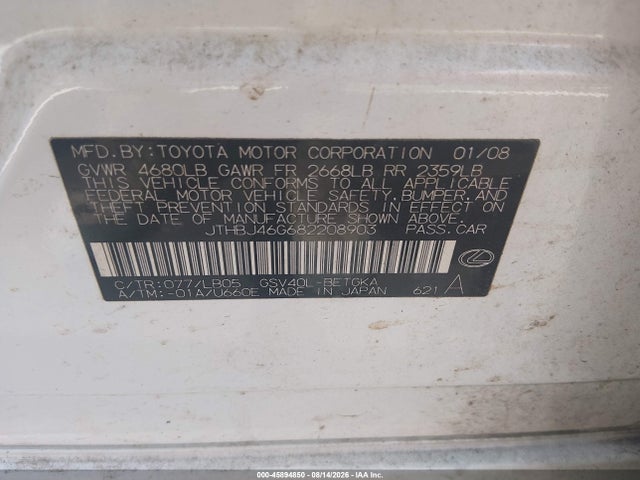 45894850 :رقم المزاد ، JTHBJ46G682208903 vin ، 2008 Lexus Es 350 مزاد بيع