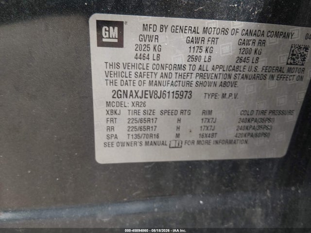 2018 Chevrolet Equinox Lt მანქანა იყიდება აუქციონზე, vin: 2GNAXJEV8J6115973, აუქციონის ნომერი: 45894860