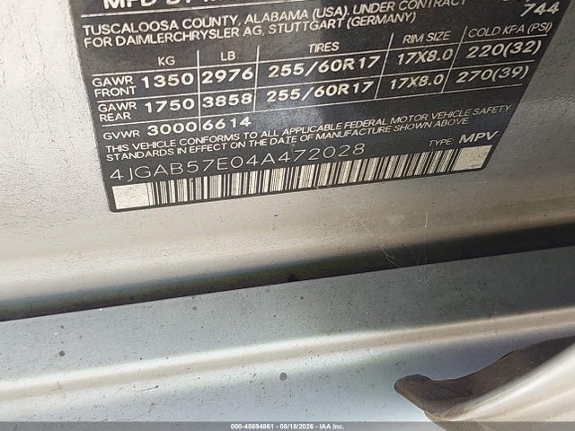 45894861 :رقم المزاد ، 4JGAB57E04A472028 vin ، 2004 Mercedes-benz Ml 350 4matic مزاد بيع