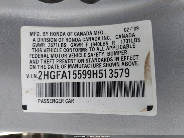 Продажа на аукционе авто 2009 Honda Civic Lx, vin: 2HGFA15599H513579, номер лота: 45894872