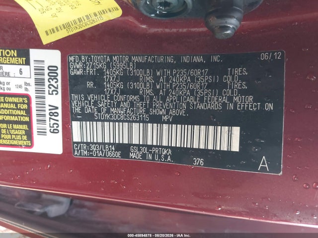 2012 Toyota Sienna Xle V6 8 Passenger მანქანა იყიდება აუქციონზე, vin: 5TDYK3DC8CS263115, აუქციონის ნომერი: 45894878