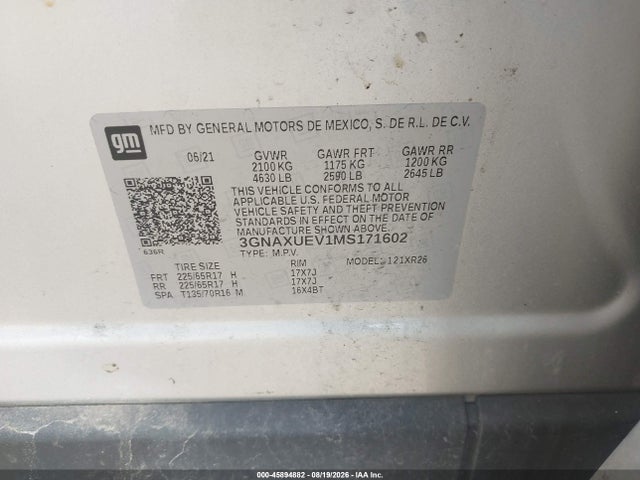 45894882 :رقم المزاد ، 3GNAXUEV1MS171602 vin ، 2021 Chevrolet Equinox Awd Lt مزاد بيع