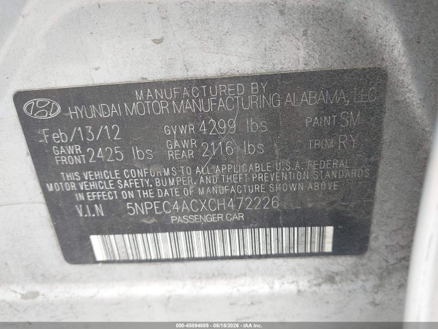 2012 Hyundai Sonata Limited მანქანა იყიდება აუქციონზე, vin: 5NPEC4ACXCH472226, აუქციონის ნომერი: 45894889