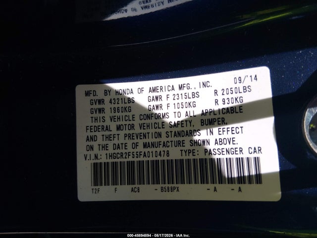 Aukcja sprzedaży 2015 Honda Accord Sport, vin: 1HGCR2F55FA010478, numer aukcji: 45894894