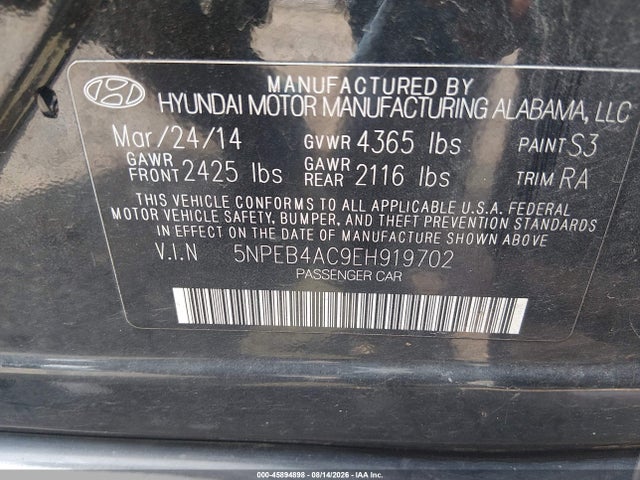 Aukcja sprzedaży 2014 Hyundai Sonata Gls, vin: 5NPEB4AC9EH919702, numer aukcji: 45894898