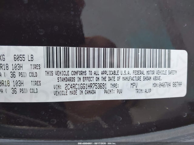 45894901 :رقم المزاد ، 2C4RC1GG1HR753691 vin ، 2017 Chrysler Pacifica Limited مزاد بيع