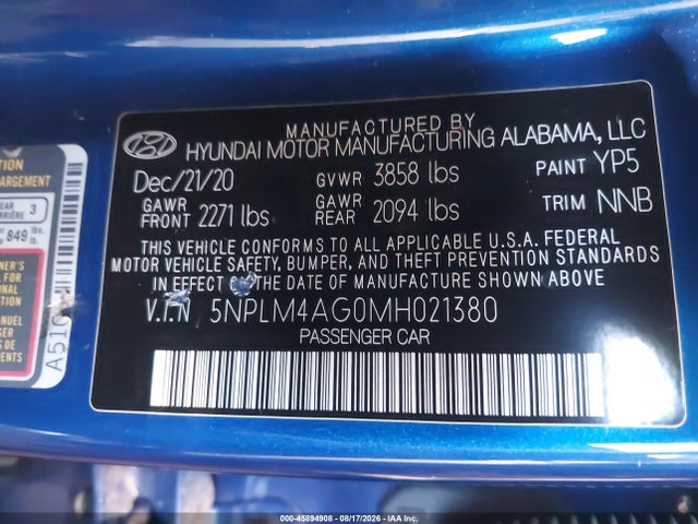 2021 Hyundai Elantra Sel მანქანა იყიდება აუქციონზე, vin: 5NPLM4AG0MH021380, აუქციონის ნომერი: 45894908