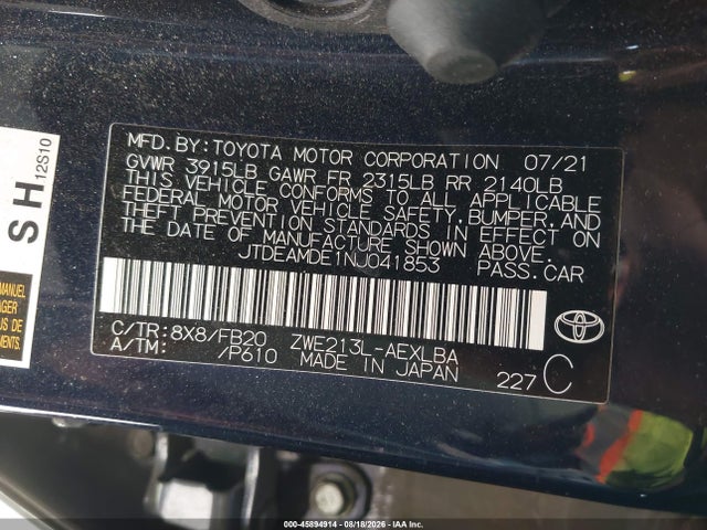 Aukcja sprzedaży 2022 Toyota Corolla Hybrid Le, vin: JTDEAMDE1NJ041853, numer aukcji: 45894914