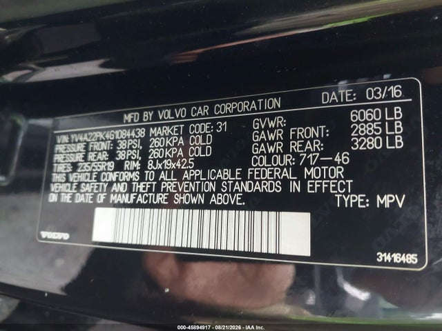 Продажа на аукционе авто 2016 Volvo Xc90 T6 Momentum, vin: YV4A22PK4G1084438, номер лота: 45894917