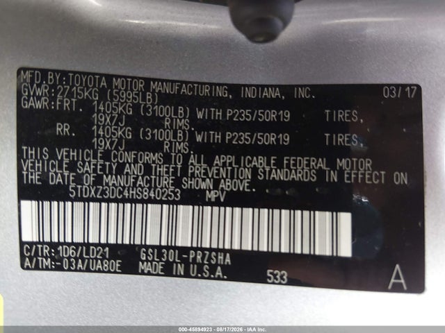 Продажа на аукционе авто 2017 Toyota Sienna Se 8 Passenger, vin: 5TDXZ3DC4HS840253, номер лота: 45894923