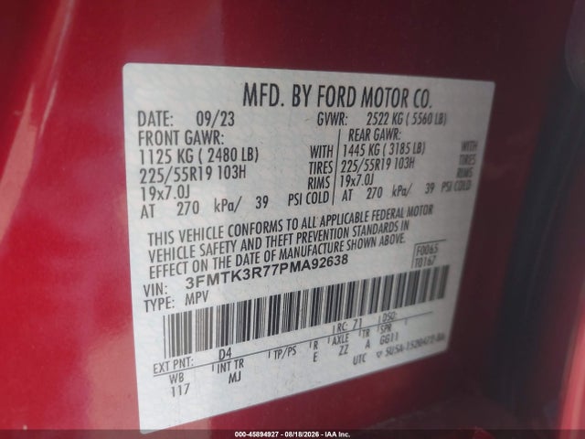 2023 Ford Mustang Mach-e Premium მანქანა იყიდება აუქციონზე, vin: 3FMTK3R77PMA92638, აუქციონის ნომერი: 45894927