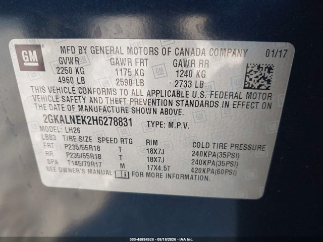 2017 Gmc Terrain Sle-2 მანქანა იყიდება აუქციონზე, vin: 2GKALNEK2H6278831, აუქციონის ნომერი: 45894928