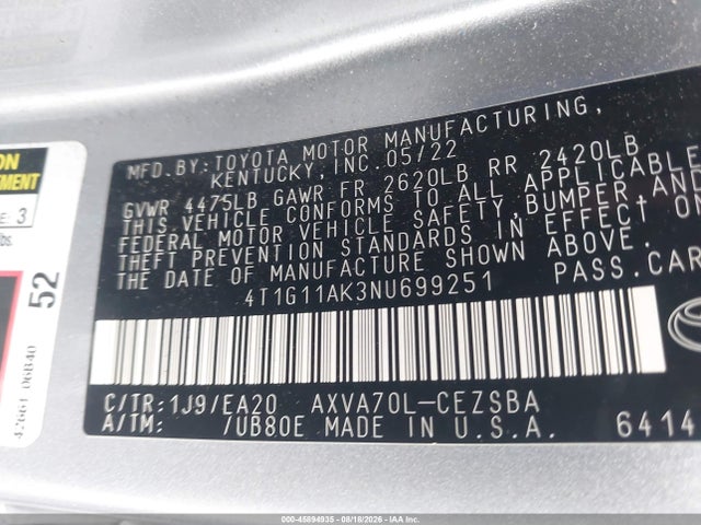 2022 Toyota Camry Se მანქანა იყიდება აუქციონზე, vin: 4T1G11AK3NU699251, აუქციონის ნომერი: 45894935