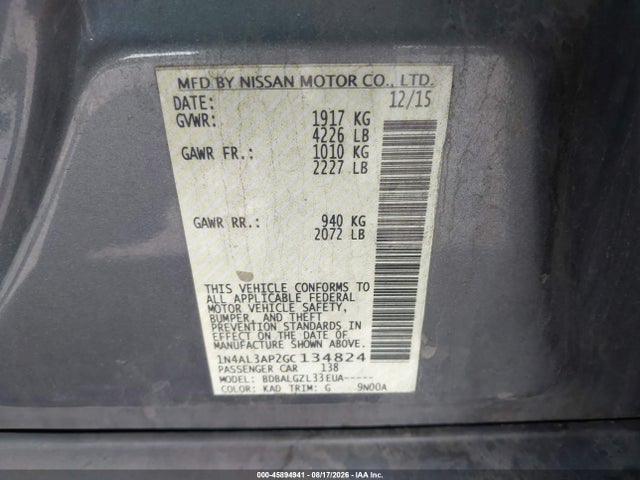 1N4AL3AP2GC134824 Nissan Altima 2.5/2.5 S/2.5 Sl/2.5 Sr/2.5 Sv
