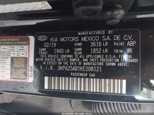 Продаж на аукціоні авто 2019 Kia Rio 5-door S, vin: 3KPA25AB1KE208121, номер лоту: 45894954