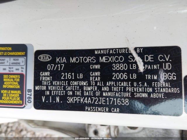 Продажа на аукционе авто 2018 Kia Forte Lx, vin: 3KPFK4A72JE171638, номер лота: 45894956