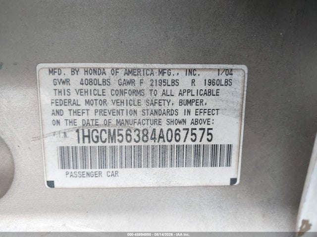 Продаж на аукціоні авто 2004 Honda Accord 2.4 Lx, vin: 1HGCM56384A067575, номер лоту: 45894990