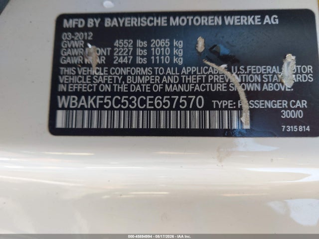 Aukcja sprzedaży 2012 Bmw 328i Xdrive, vin: WBAKF5C53CE657570, numer aukcji: 45894994