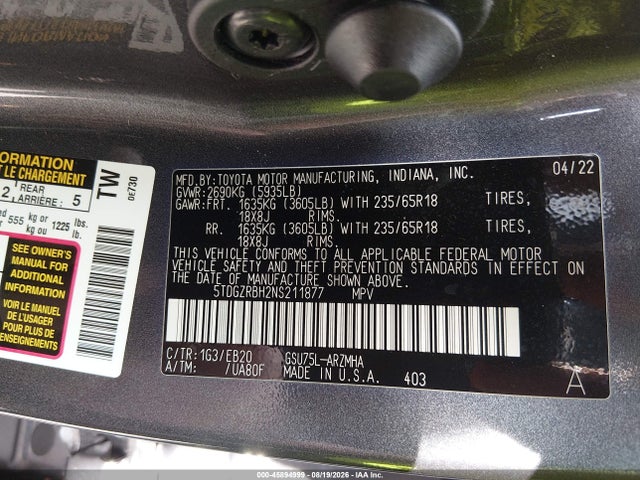 2022 Toyota Highlander Xle მანქანა იყიდება აუქციონზე, vin: 5TDGZRBH2NS211877, აუქციონის ნომერი: 45894999