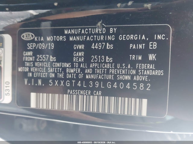 2020 Kia Optima S მანქანა იყიდება აუქციონზე, vin: 5XXGT4L39LG404582, აუქციონის ნომერი: 45895003