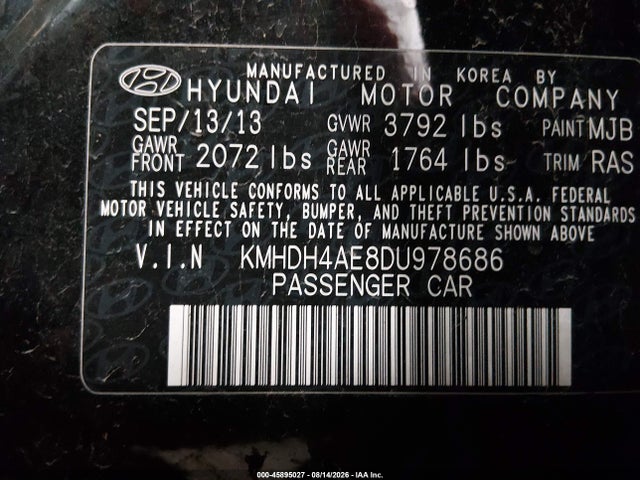 2013 Hyundai Elantra Gls მანქანა იყიდება აუქციონზე, vin: KMHDH4AE8DU978686, აუქციონის ნომერი: 45895027