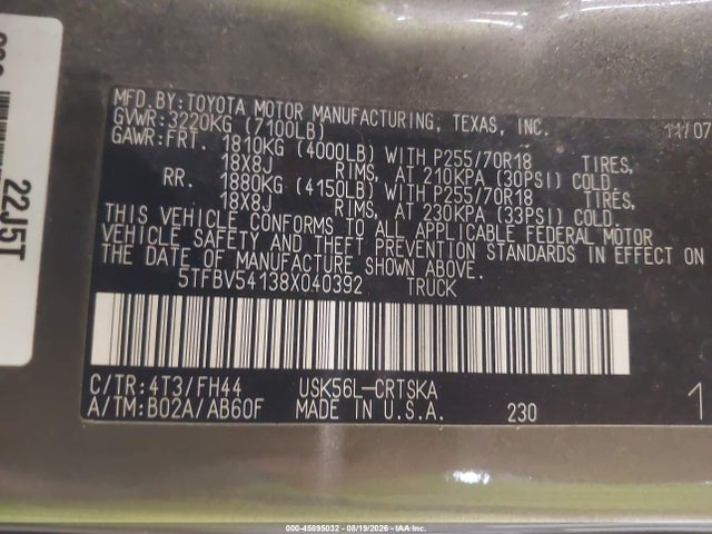 45895032 :رقم المزاد ، 5TFBV54138X040392 vin ، 2008 Toyota Tundra Sr5 5.7l V8 مزاد بيع