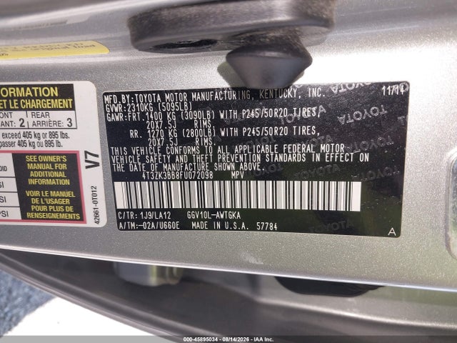 4T3ZK3BB8FU072098 Toyota Venza Xle V6