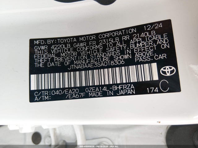 Aukcja sprzedaży 2025 Toyota Gr Corolla Premium, vin: JTNABAAE3SA018306, numer aukcji: 45895038