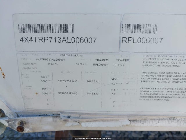 45895044 :رقم المزاد ، 4X4TRP713AL006007 vin ، 2010 Forest River R-pod M-172 مزاد بيع