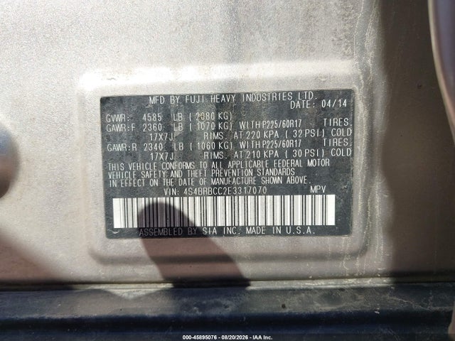 Продаж на аукціоні авто 2014 Subaru Outback 2.5i Premium, vin: 4S4BRBCC2E3317070, номер лоту: 45895076