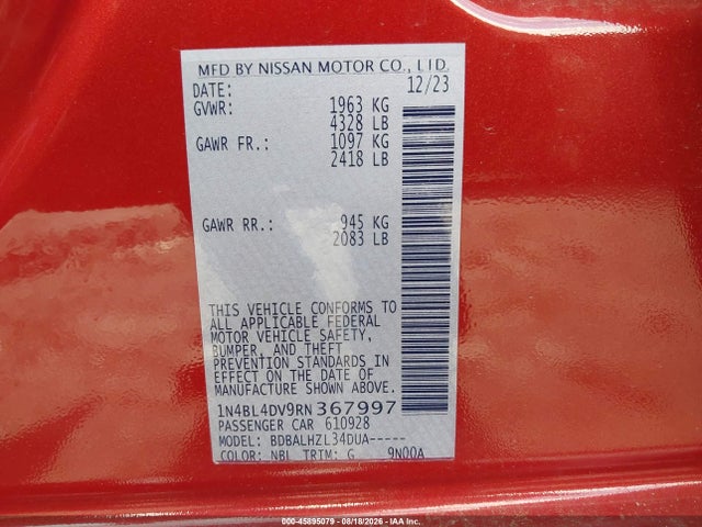Aukcja sprzedaży 2024 Nissan Altima Sv Fwd, vin: 1N4BL4DV9RN367997, numer aukcji: 45895079