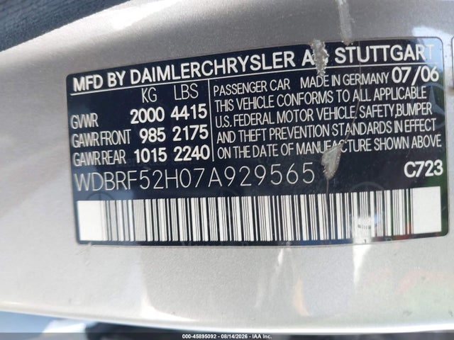 Aukcja sprzedaży 2007 Mercedes-benz C 230 Sport, vin: WDBRF52H07A929565, numer aukcji: 45895092