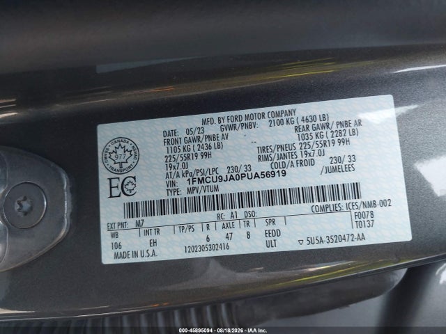 1FMCU9JA0PUA56919 Ford Escape Platinum