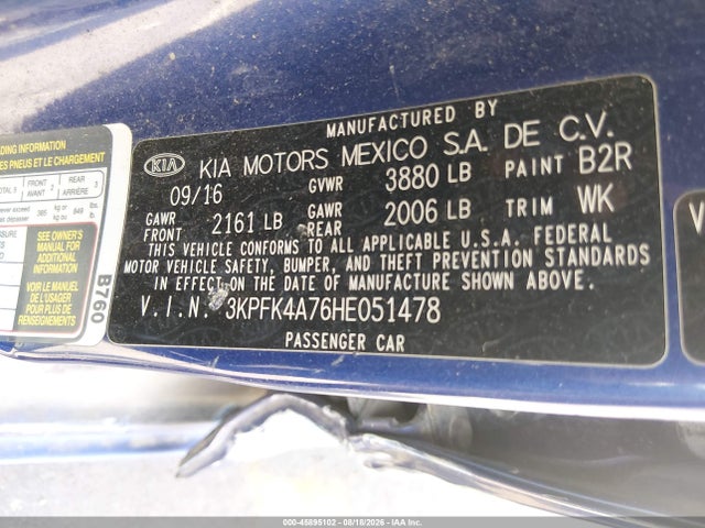 45895102 :رقم المزاد ، 3KPFK4A76HE051478 vin ، 2017 Kia Forte Lx مزاد بيع