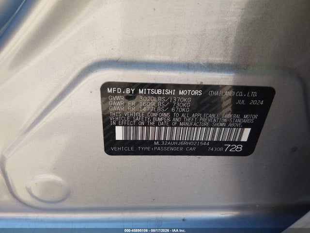 2024 Mitsubishi Mirage Es/le მანქანა იყიდება აუქციონზე, vin: ML32AUHJ6RH021544, აუქციონის ნომერი: 45895106