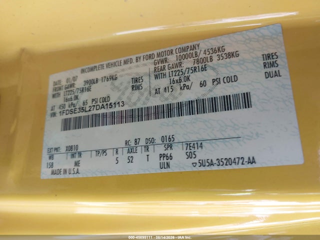 45895111 :رقم المزاد ، 1FDSE35L27DA15113 vin ، 2007 Ford E-350 Cutaway مزاد بيع