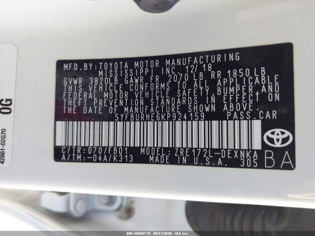 2019 Toyota Corolla Le მანქანა იყიდება აუქციონზე, vin: 5YFBURHE6KP924159, აუქციონის ნომერი: 45895119