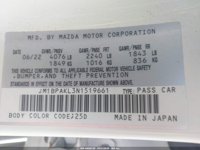 Aukcja sprzedaży 2022 Mazda Mazda3 Select, vin: JM1BPAKL3N1519661, numer aukcji: 45895125