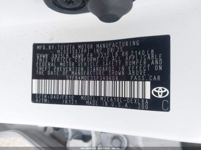 Aukcja sprzedaży 2025 Toyota Corolla Le, vin: 5YFB4MDE3SP349608, numer aukcji: 45895136