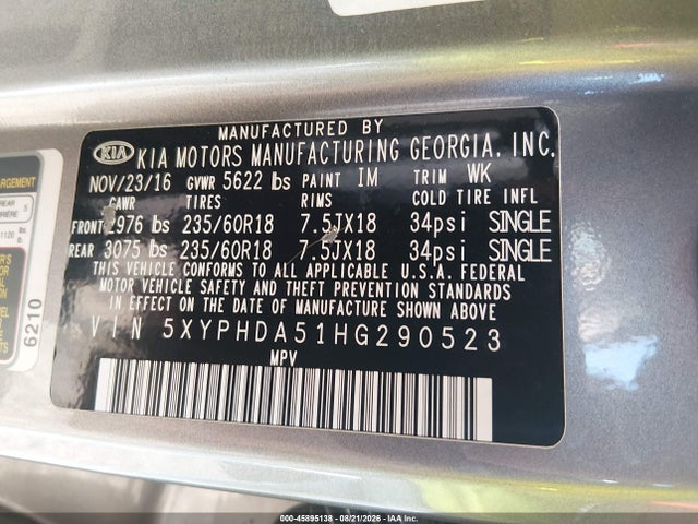 45895138 :رقم المزاد ، 5XYPHDA51HG290523 vin ، 2017 Kia Sorento 3.3l Ex مزاد بيع