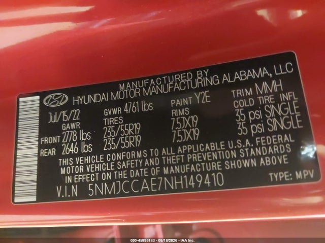 Продаж на аукціоні авто 2022 Hyundai Tucson Sel, vin: 5NMJCCAE7NH149410, номер лоту: 45895183