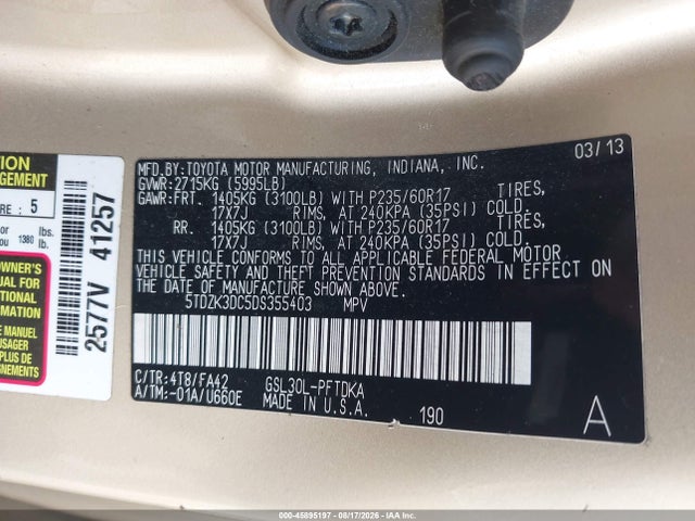 Aukcja sprzedaży 2013 Toyota Sienna L V6 7 Passenger, vin: 5TDZK3DC5DS355403, numer aukcji: 45895197