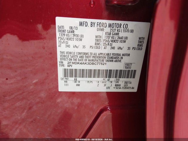 45895219 :رقم المزاد ، 2FMDK4AK3DBC77521 vin ، 2013 Ford Edge Sport مزاد بيع