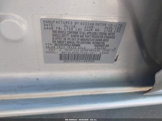 Продажа на аукционе авто 2018 Nissan Versa 1.6 Sv, vin: 3N1CN7AP5JL885080, номер лота: 45895223