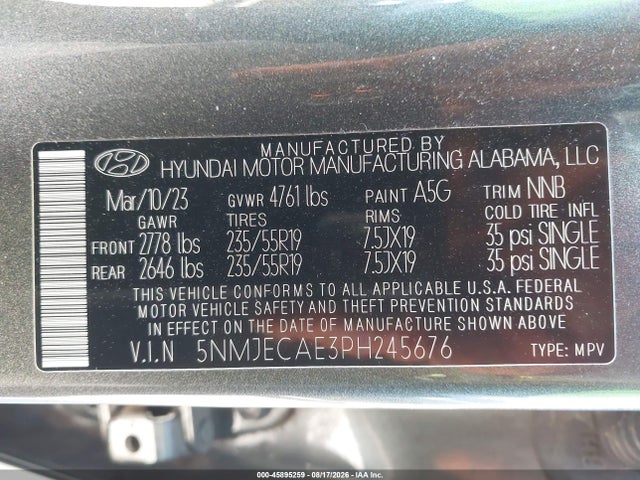 Продаж на аукціоні авто 2023 Hyundai Tucson Limited, vin: 5NMJECAE3PH245676, номер лоту: 45895259