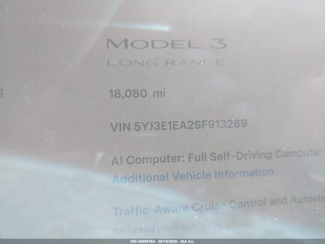 5YJ3E1EA2SF913269 Tesla Model 3 Long Range Rear-wheel Drive/standard Rear-wheel Drive