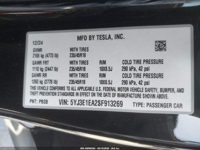 5YJ3E1EA2SF913269 Tesla Model 3 Long Range Rear-wheel Drive/standard Rear-wheel Drive