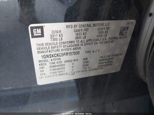 45895278 :رقم المزاد ، 1GNSKCKC5FR157935 vin ، 2015 Chevrolet Tahoe Ltz مزاد بيع