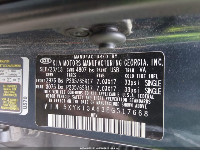 45895281 :رقم المزاد ، 5XYKT3A63EG517668 vin ، 2014 Kia Sorento Lx مزاد بيع